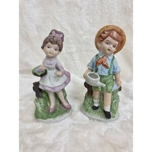 Vintage Bisque Porcelain‎ Figurines Boy Girl Garden Watering Can Flowers